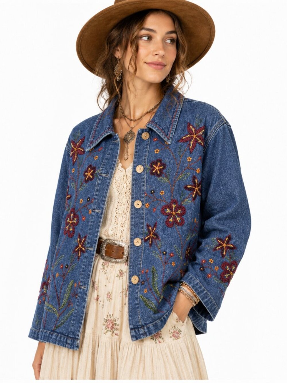 New Directions Denim Jacket Womens L Floral Embroidered Western Boho Cottagecore